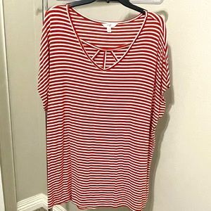 Terra&Sky cap sleeve t-shirt. Cross-cross front. Rust/white stripe.Poly/cotton